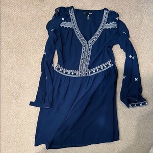 Aqua Navy Long Sleeve Dress with White Embroidery